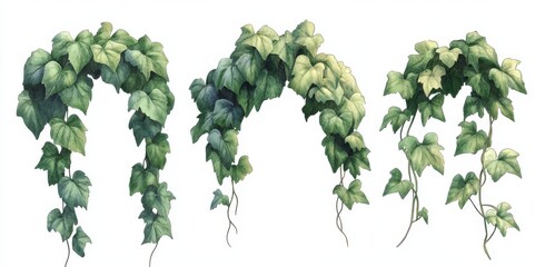 isolated modern illustrations of tropical vine branches with leaves, featuring wild climbing liana s