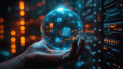 Close-up of a man's hand holding a blue, glowing, futuristic energy sphere with holographic symbols.