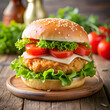 © DesignBy - A Delicious Cheeseburger with Fresh Tomatoes and Lettuce.