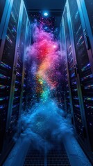 a burst of colorful data illuminates rows of servers in a modern data center.
