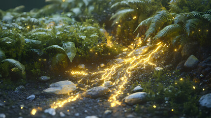 Wall Mural - mystical alien forest background with glowing ferns and pulsating roots intertwined with minerals. p