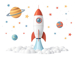 Wall Mural - Colorful rocket launching into space with planets