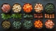 © AGUNG - Variety of Healthy Treats and Supplements. Small bowls of assorted colorful treats, including meat, vegetable, and herbal supplements