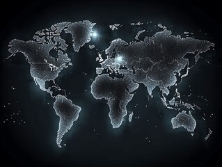 world map illuminated with points of light on black background