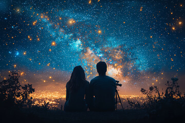 Wall Mural - couple stargazing using telescope in backyard at night with constellations visible above them. conce