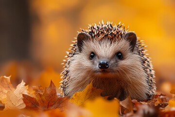 Wall Mural - a hedgehog curled into a spiky ball under fallen autumn leaves. concept of self-protection and woodl