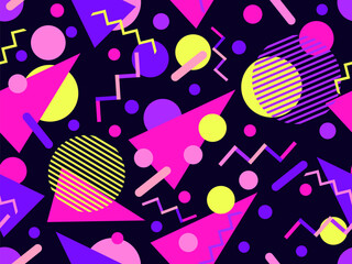 Wall Mural - Geometric seamless pattern with memphis elements in 80s style. Colorful geometric pattern. Design of promotional products, wrapping paper and printing. Vector illustration