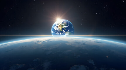 Wall Mural - Stunning Realistic Space View of Earth Sunrise - Blue Earth Horizon with Distant Stars - Beautiful Celestial Cosmic Scene - Planet Earth Globe - Cosmic Beauty
