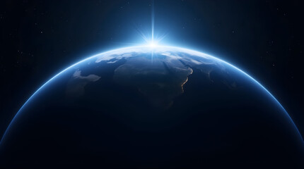 Wall Mural - Dramatic Breathtaking Cinematic Earth Sunrise from Space - Planet Globe Horizon Image with Blue Atmosphere Glow - Extraordinary Space View Photography