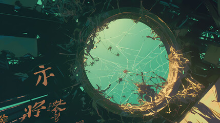 Wall Mural - surreal view from below a circular opening, surrounded by webs and abstract shapes, evoking mystery