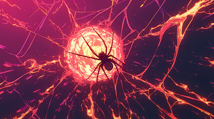 Wall Mural - a surreal scene depicting a spider silhouetted against a glowing, fiery orb in a cosmic background