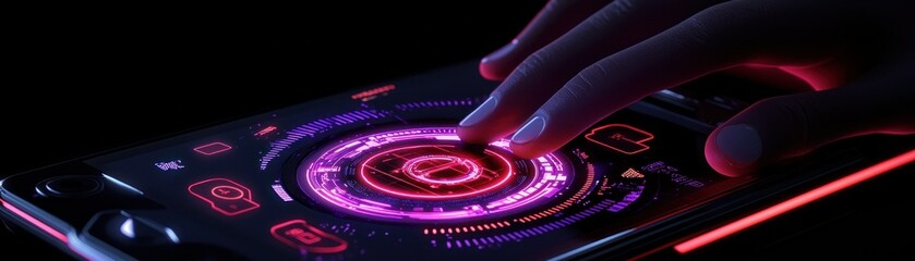 A glowing hand uses futuristic technology on a display device
