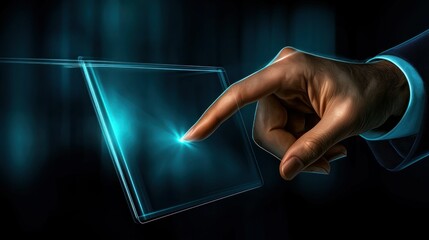A human hand is touching a glowing screen interface