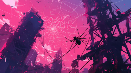 Wall Mural - surreal landscape of a futuristic city with a giant spider weaving a web against a vibrant sunset