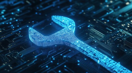A futuristic blue digital wrench spanner embedded with glowing binary code symbolizes AI-driven predictive maintenance, diagnostics, and remote repair solutions.

