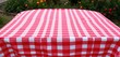© Kathy - Red checkered picnic tablecloth, classic design, worn edges, woven, gingham