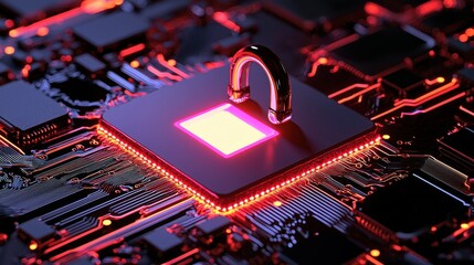 An illuminated padlock represents digital security on a computer circuit board