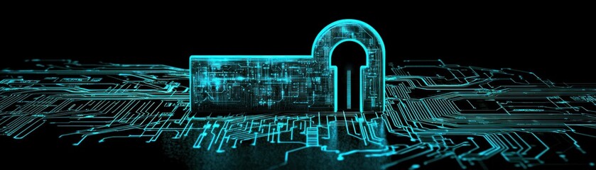 A glowing padlock symbol placed atop a circuit board design