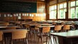 © Pixelzone - Empty Classroom. Back to school concept in high school. Classroom Interior Vintage Wooden Lecture Wooden Chairs and Desks. Studying lessons in secondary education