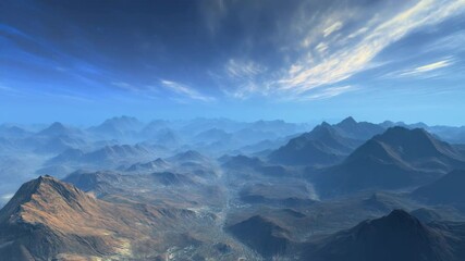 Wall Mural - majestic peaks rise above a vast valley, shrouded in a thin veil of mist, as wispy clouds drift lazi