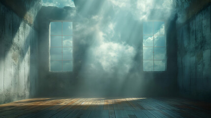 Wall Mural - Moody Atmospheric Room Old Building Windows, Dramatic Sunlight and Wooden Floor