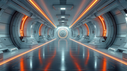 Wall Mural - Spaceship Corridor White and Orange Neon Lights, Futuristic Sci-Fi Interior Design
