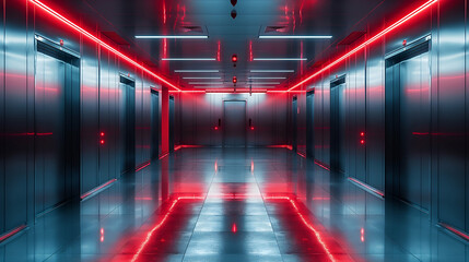 Wall Mural - Futuristic Elevator Hallway Red Neon Lights, Shiny Steel Walls for Sci-Fi Themes