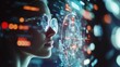 © Ummeya - Woman wearing futuristic glasses interacting with digital data interface holographic display