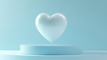 Poster - Floating white heart on blue platform in minimalistic setting. Modern decor concept