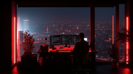 A programmer works on code looking out at the city lights
