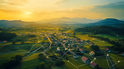 Wall Mural - Aerial view of a small town with digital network lines showcasing connectivity and innovation in rural areas. Webbed Expansion. Illustration