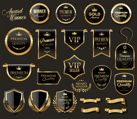 Wall Mural - golden luxury award labels and badges gold premium quality certificate ribbons vector illustration 0