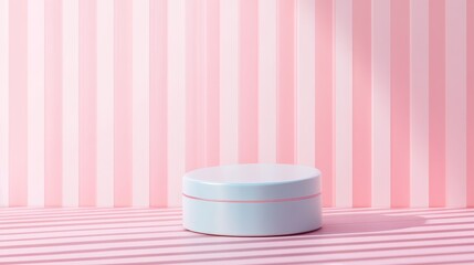 Poster - White round cosmetic container on pink striped background, minimalist design