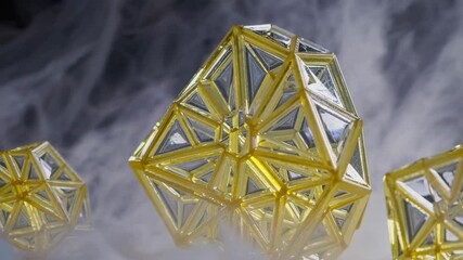 Wall Mural - intricate yellow polyhedron rotating within translucent smoky environment, displaying geometric comp