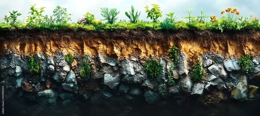 Panorama of soil layers cross section. Roots penetrate various soil ...