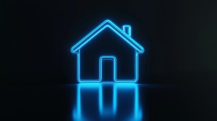 Poster - Neon blue house icon glowing in the dark background. Futuristic home concept