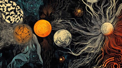 abstract artistic illustration featuring multiple celestial bodies in space