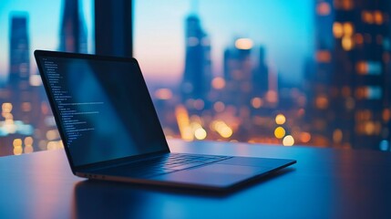 Laptop displaying code at sunset in a modern city, with glowing light in the background