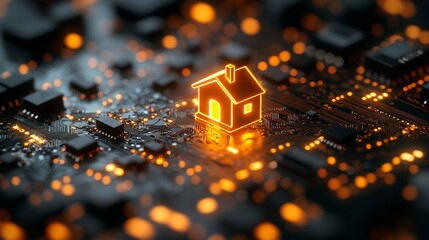 Aufkleber - Glowing house icon on circuit board, digital technology and smart home concept