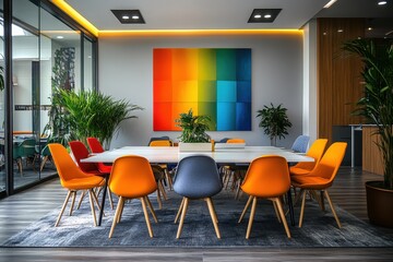 Fototapete - Colorful conference room with vibrant seating and modern decor designed for collaborative discussions and meetings