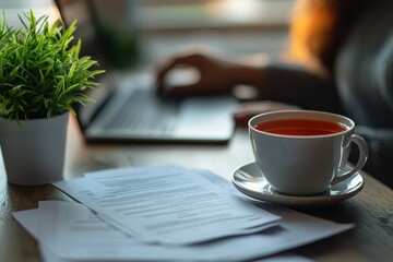 Leinwandbilder - Working on a laptop with a cup of tea and documents on a wooden table in a cozy workspace filled with natural light in the late afternoon