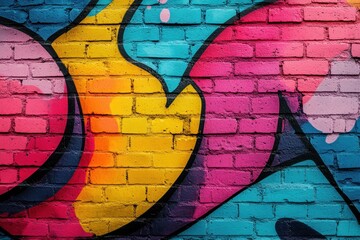Poster - Colorful graffiti mural on a brick wall showcasing vibrant designs and patterns in an urban setting during daylight