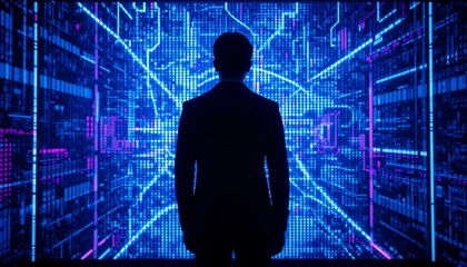 Businessman Silhouette Against Futuristic Digital Data Stream Wall