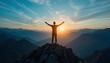 © CooLKenG - Man Triumphantly Stands on Mountain Peak at Sunset Arms Outstretched Overlooking Majestic Landscape