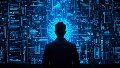 Businessman Analyzing Futuristic Digital Data Interface Technology Concept