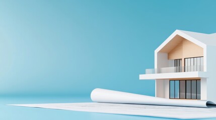 Modern architectural model on blue background with rolled blueprint showcasing design plans