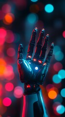 Aufkleber - Robotic hand with neon lights against bokeh background. Futuristic technology concept