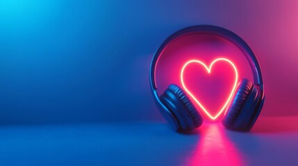 Poster - Neon heart with headphones in blue and pink light. Love music concept.