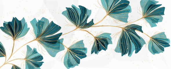 Wall Mural - floral art background in blue colors in watercolor style with gold elements line art. botanical spri