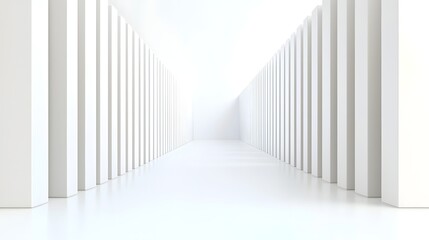 Poster - A clean minimalist architectural corridor with a symmetrical pattern of repeating white columns receding into the distance creating a sense of depth and scale through the vanishing perspective